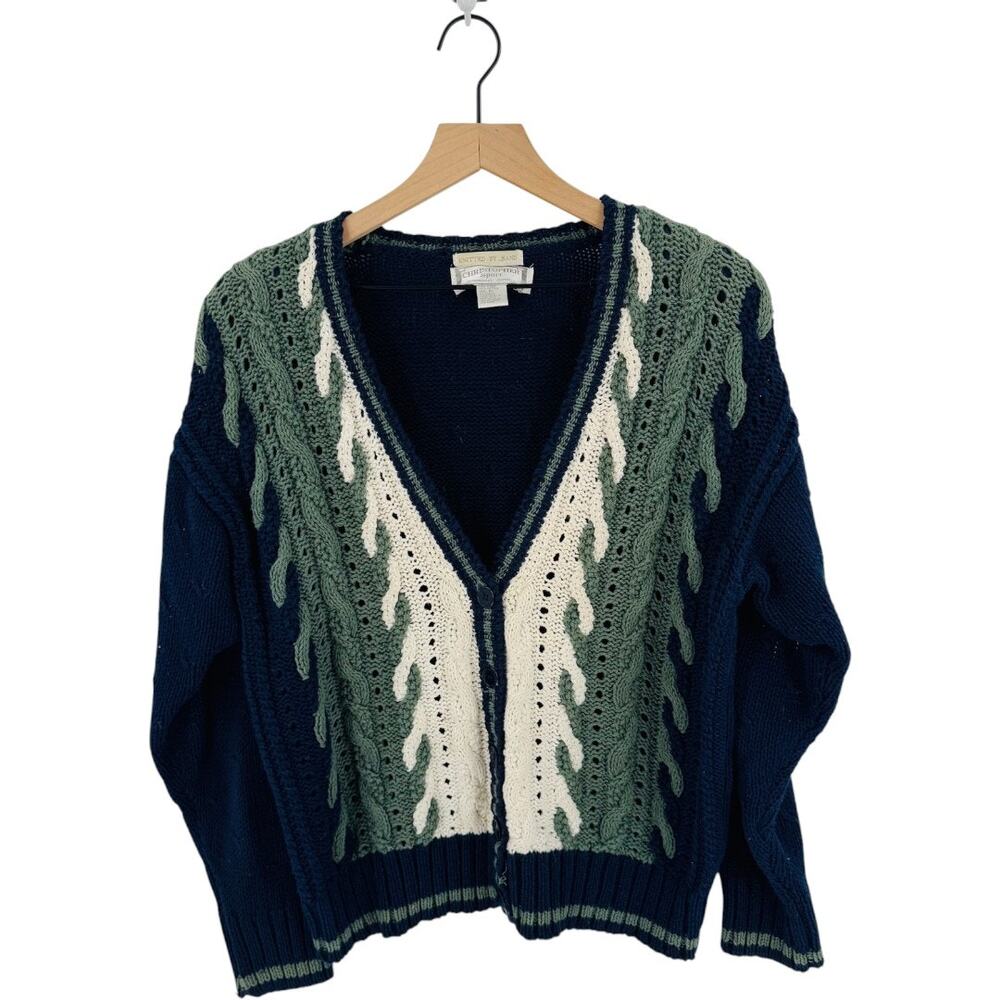 Vintage Christopher Sport Hand‎ Knit Cardigan Navy Green V-Neck Sweater Size M